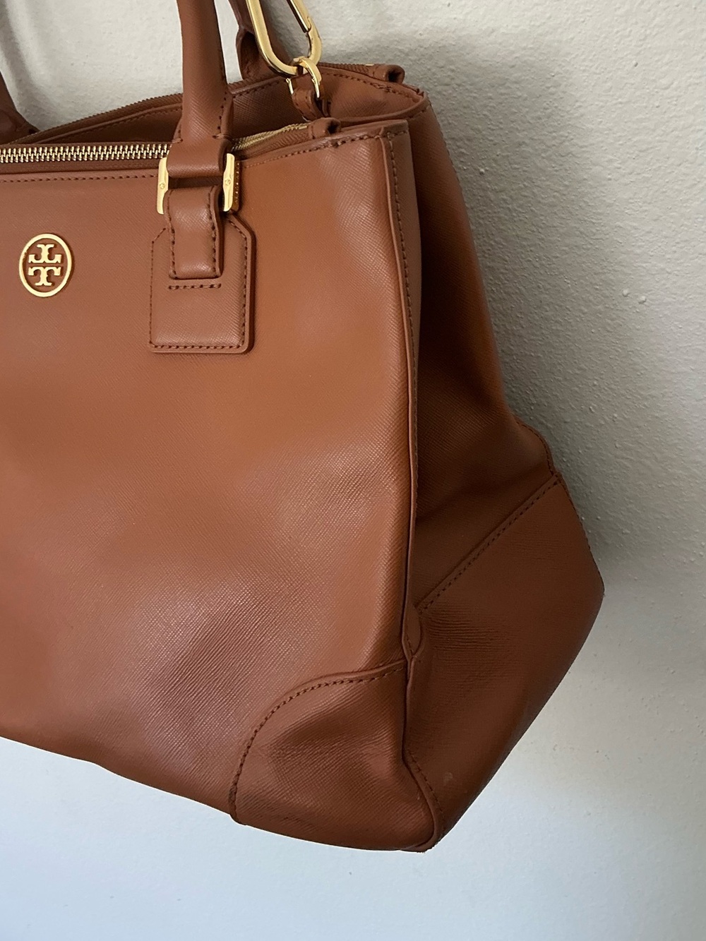 Tory Burch Robinson Double Zip Tote Tan Leather Satchel Crossbody Bag - Picture 3 of 14